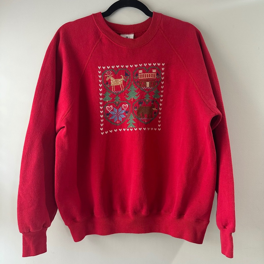 Vintage Red‎ Lee Sweatshirt XL Embroidered Nordic Christmas Moose Deer Cabin